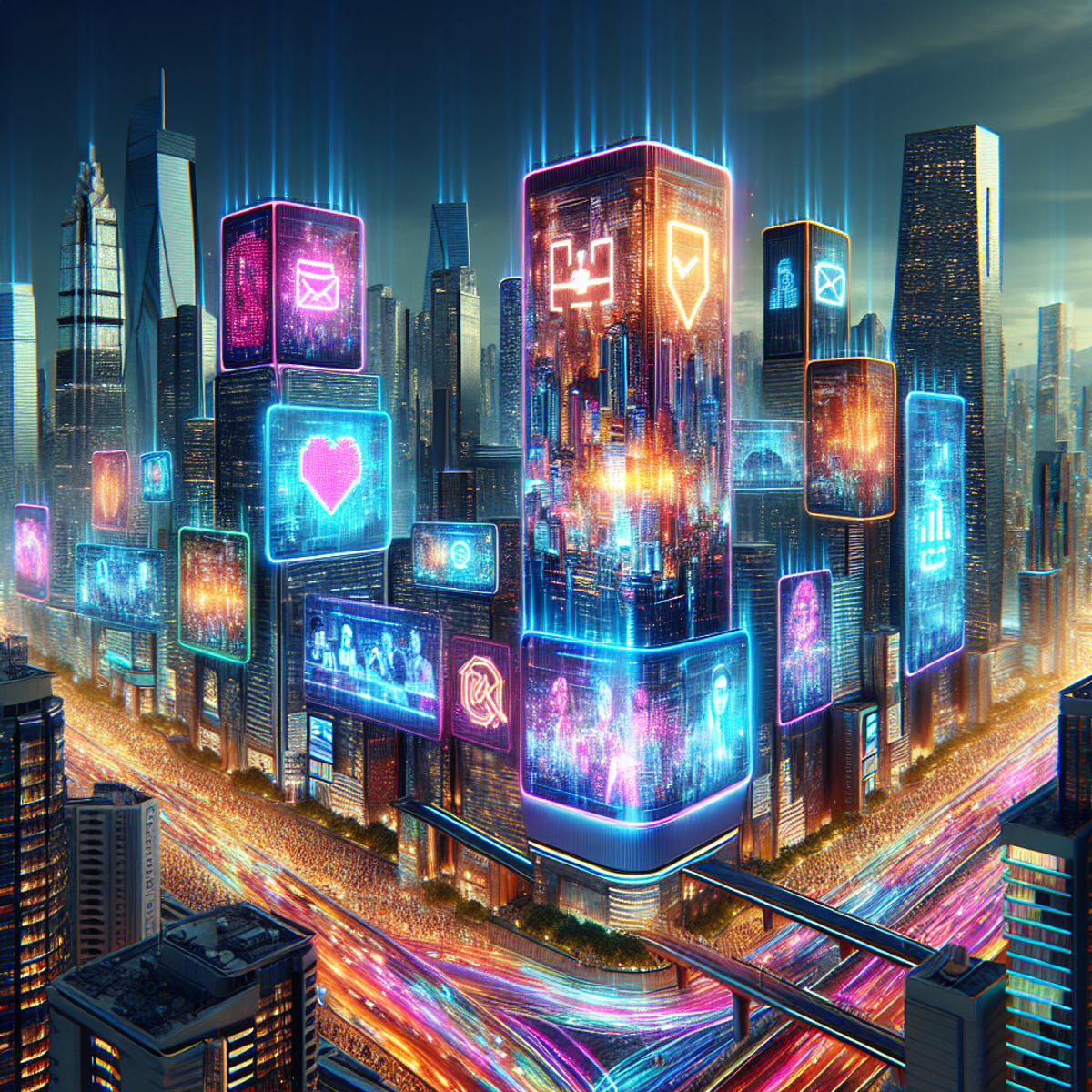 A futuristic cityscape with towering skyscrapers covered in vibrant, glowing digital billboards displaying symbols of digital marketing, bustling with