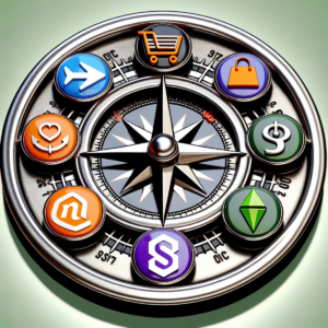A realistic-style compass with three distinct paths representing different eCommerce platforms: Magento, Shopify, and WooCommerce.