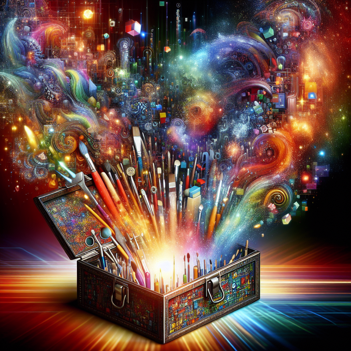 A digital artwork of a virtual toolbox morphing into a stunning masterpiece with vivid colors, complex shapes, and shimmering lights.